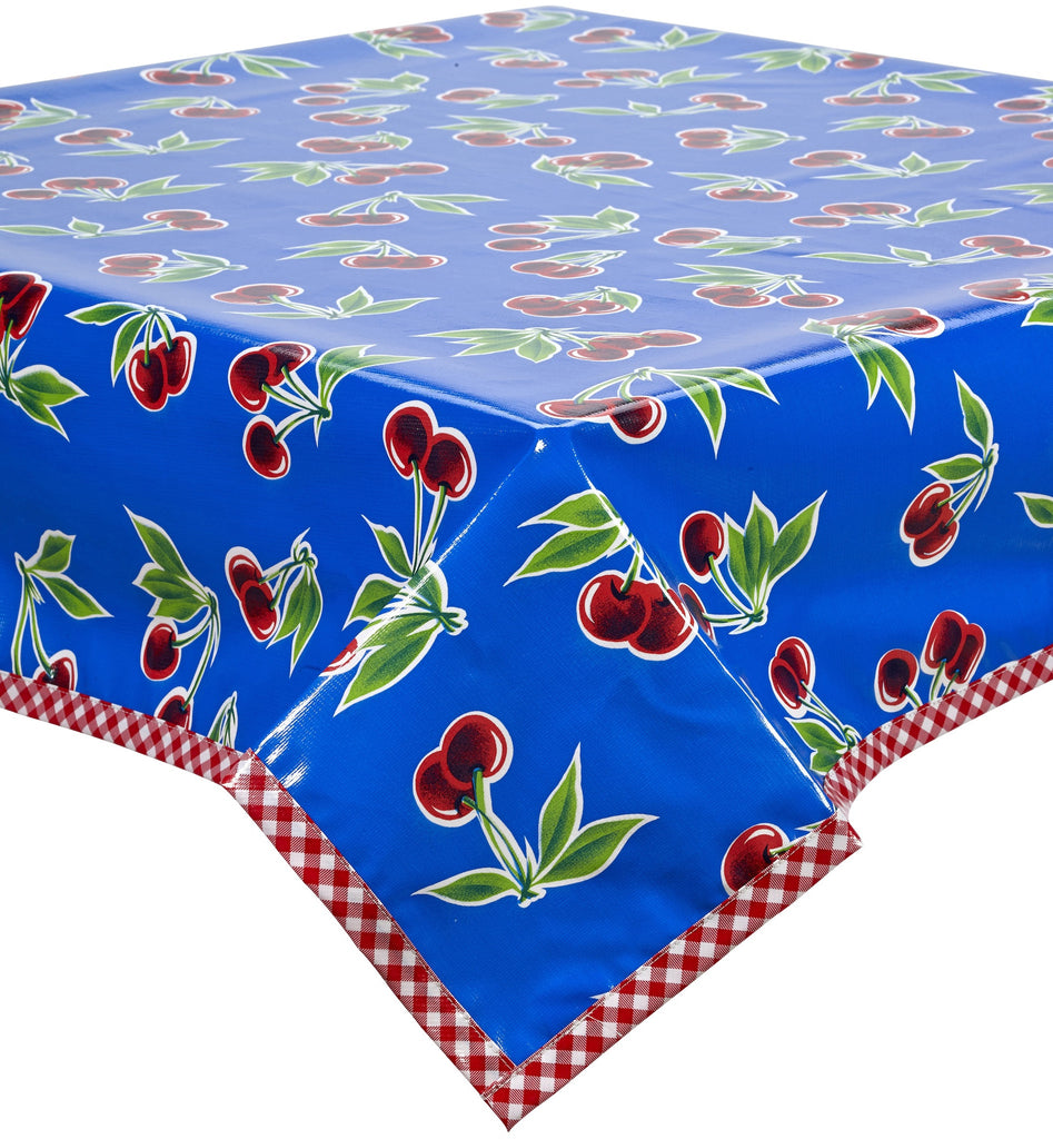 Freckled Sage Oilcloth Tablecloth Cherry Blue with Red Gingham Trim