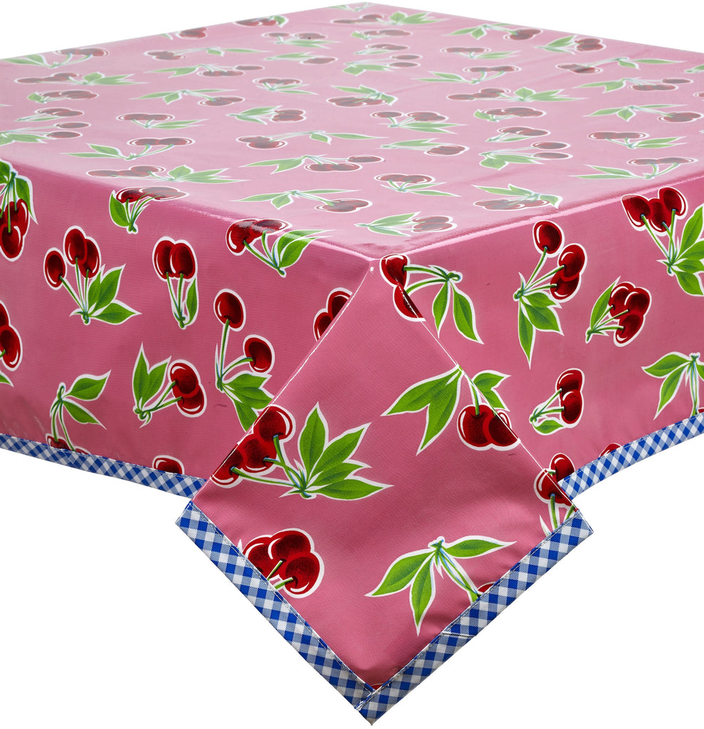 Freckled Sage Oilcloth Tablecloth Cherry Pink with Blue Trim