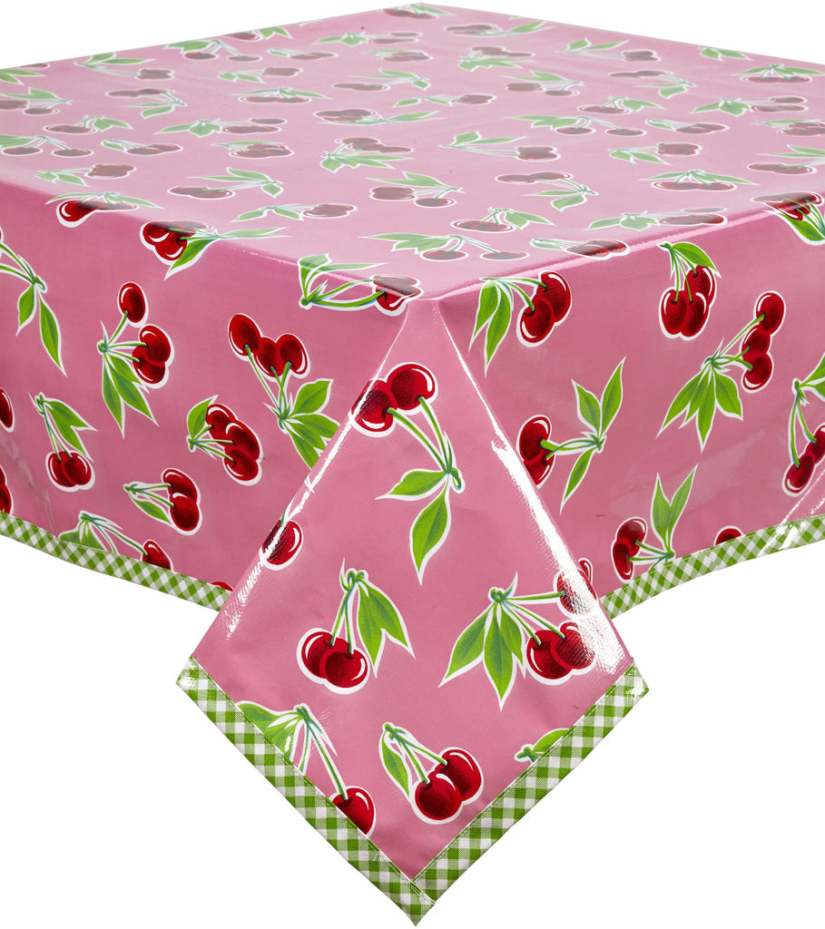 Freckled Sage Oilcloth Tablecloth Cherry Pink Lime Trim