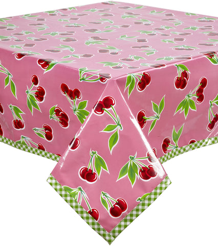Freckled Sage Oilcloth Tablecloth Cherry Pink Lime Trim