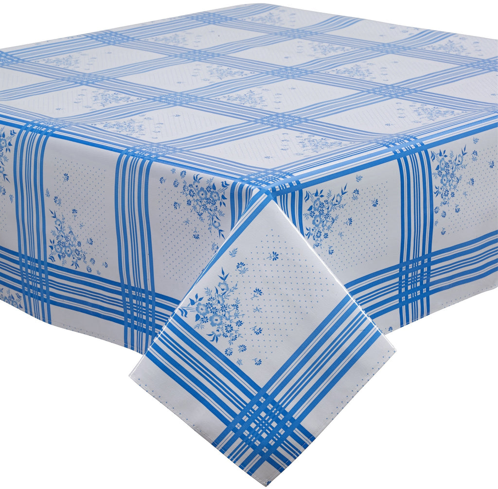 Freckled Sage Oilcloth Tablecloth blue Corn Flowers and grid on white background