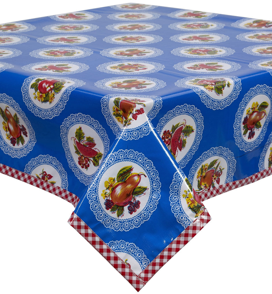 Freckled Sage Oilcloth Tablecloth Doilies, fruits and flowers on solid  Blue with red gingham trim