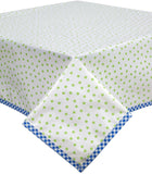 Freckled Sage Oilcloth Tablecloth Dot Lime with Blue Gingham trim
