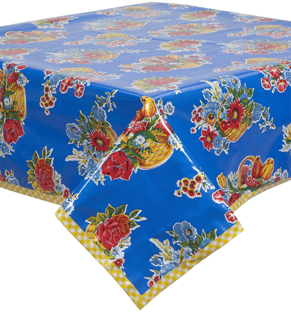Freckled Sage Oilcloth Tablecloth Flower Baskets on  Blue with yellow gingham trim