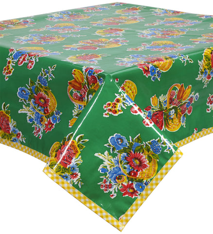 Freckled Sage Oilcloth Tablecloth Flower Basket Green