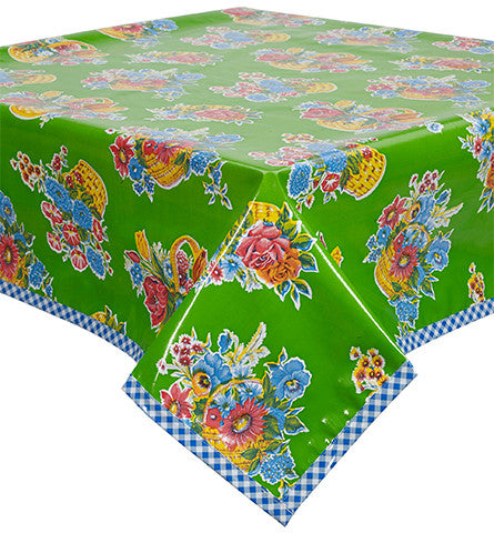 Freckled Sage Oilcloth Tablecloth Flower Basket Lime