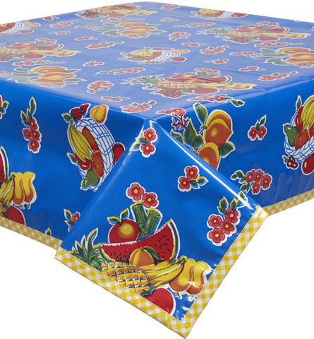 Freckled Sage Oilcloth Tablecloth Fruit Basket Blue