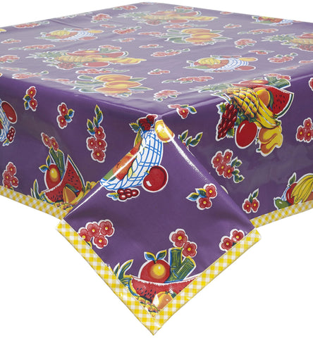 Freckled Sage Oilcloth Tablecloth Fruit Baskets on  Purple background with yellow gingham trim