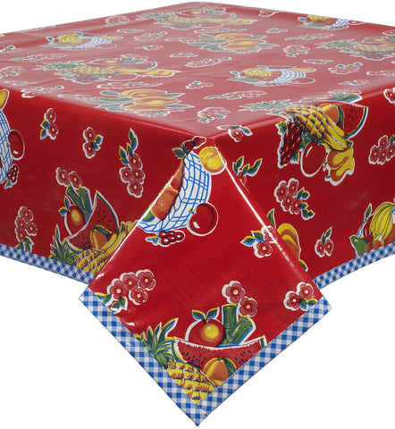 Freckled Sage Oilcloth Tablecloth Fruit Basket Red