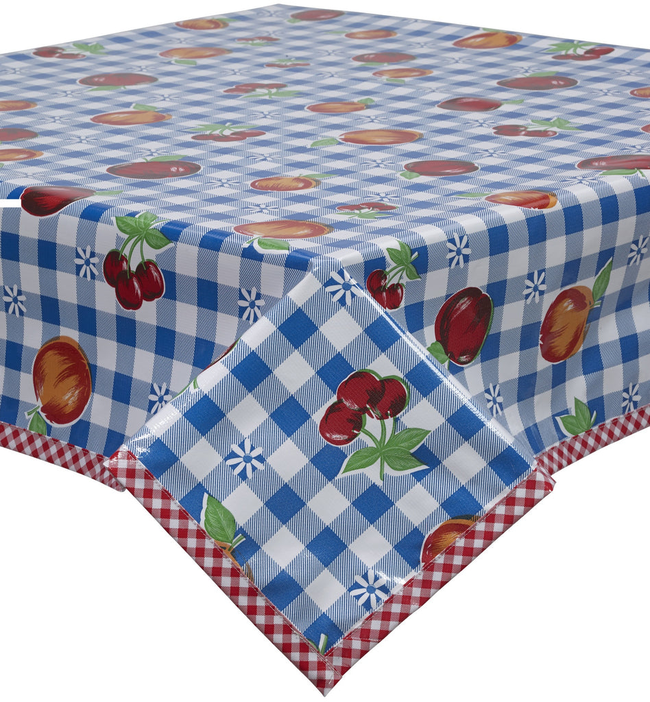 Freckled Sage Oilcloth Tablecloth Fruit and Gingham Blue