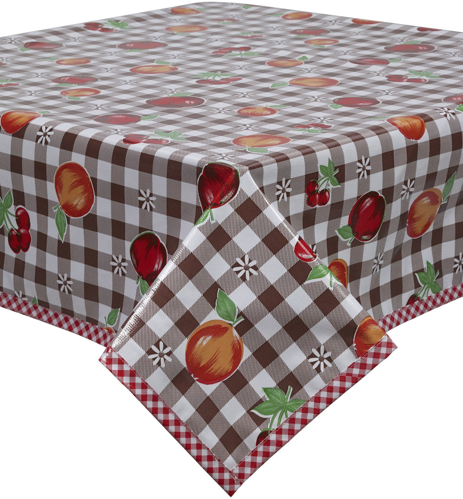 Freckled Sage Oilcloth Tablecloth Gingham and Fruit Brown