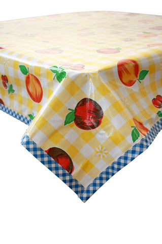 Freckled Sage Oilcloth Tablecloth Fruit and Gingham Yellow