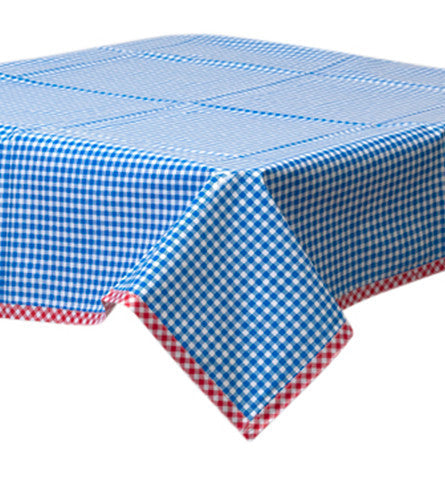 Freckled Sage Oilcloth Tablecloth Gingham Blue with red gingham trim