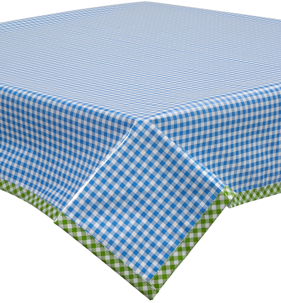 Freckled Sage Oilcloth Tablecloth Light Blue Gingham with lime gingham trim