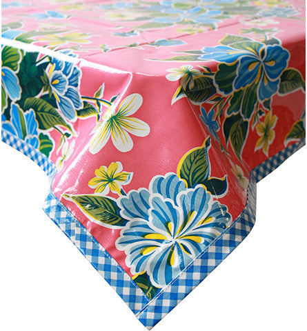 Hawaii Pink Oilcloth Tablecloth with Light Blue Gingham Trim