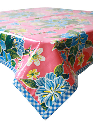 Hawaii Pink Oilcloth Tablecloth with Blue Gingham Trim