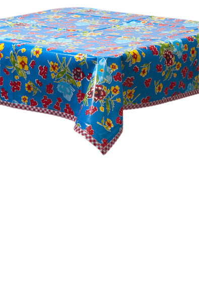 Istanbul Blue Oilcloth Tablecloth with Red Gingham Trim