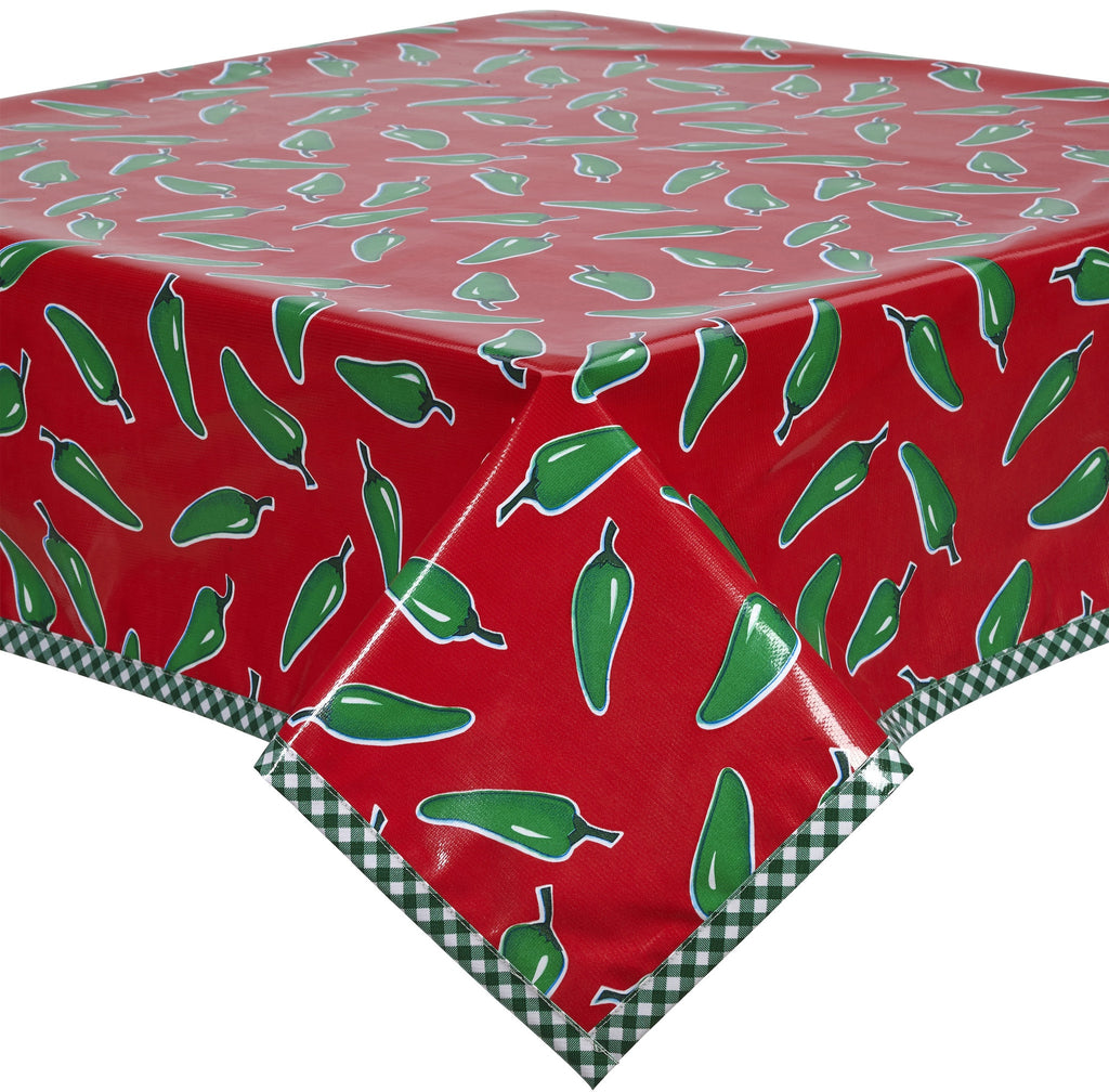Freckled Sage Oilcloth Tablecloth Jalapeno on solid Red with green gingham trim