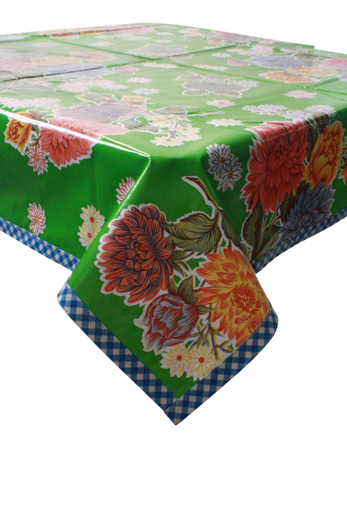 Mum Green Oilcloth Tablecloth with Blue Gingham Trim