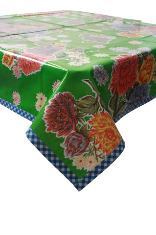 Mum Green Oilcloth Tablecloth with Blue Gingham Trim