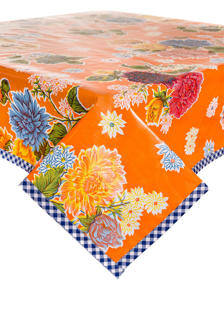 Mum Orange Oilcloth Tablecloth with Navy Gingham Trim