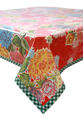 Mum Red Oilcloth Tablecloth with Green Gingham Trim