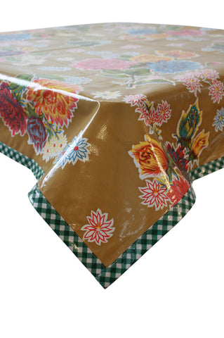 Mum Tan Oilcloth Tablecloth with Green Gingham Trim