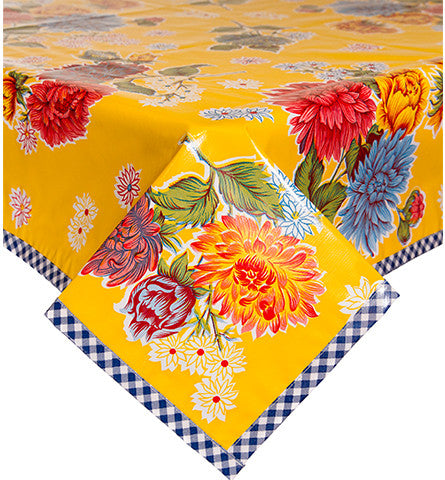 Mum Yellow Oilcloth Tablecloth with Navy Gingham Trim