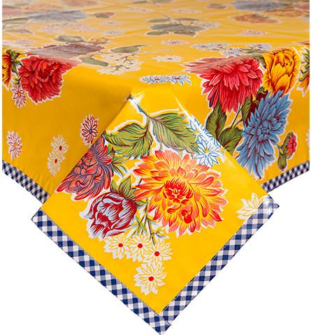 Freckled Sage oil cloth tablecloth Mums on solid yellow with navy gingham trim