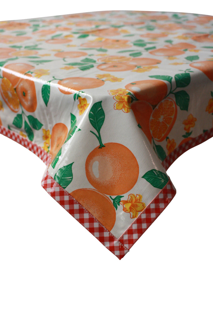 Oranges White Oilcloth Tablecloth with Red Gingham Trim