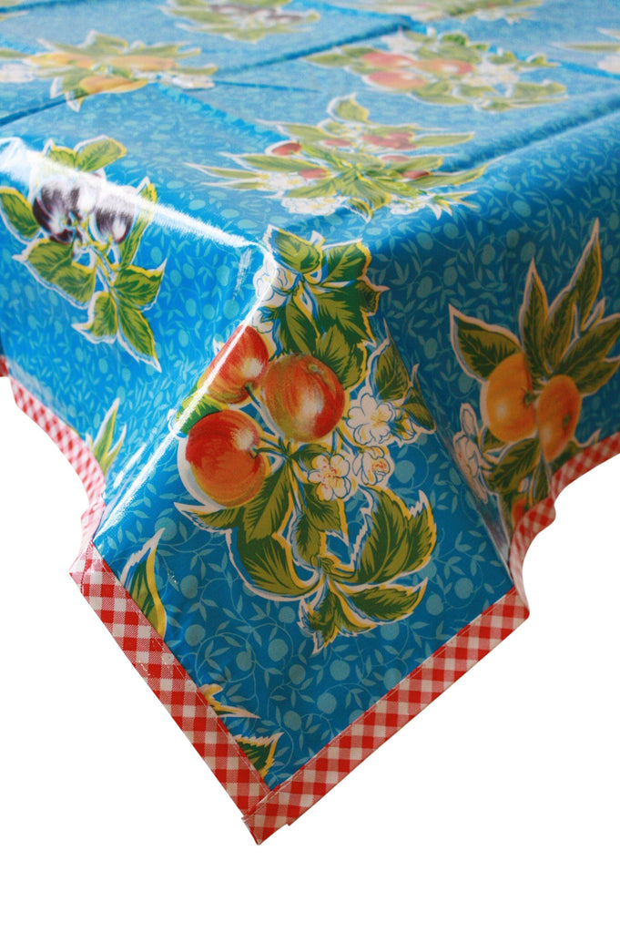 Plum Blue Oilcloth Tablecloth with Red Gingham Trim