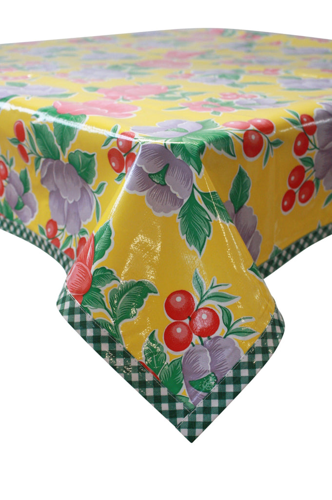 Poppy Yellow Oilcloth Tablecloth with Green Gingham Trim