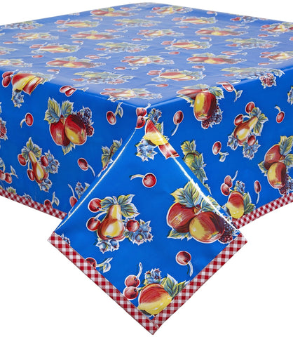 Retro Blue Oilcloth Tablecloth with Red Gingham Trim You Pick the Size
