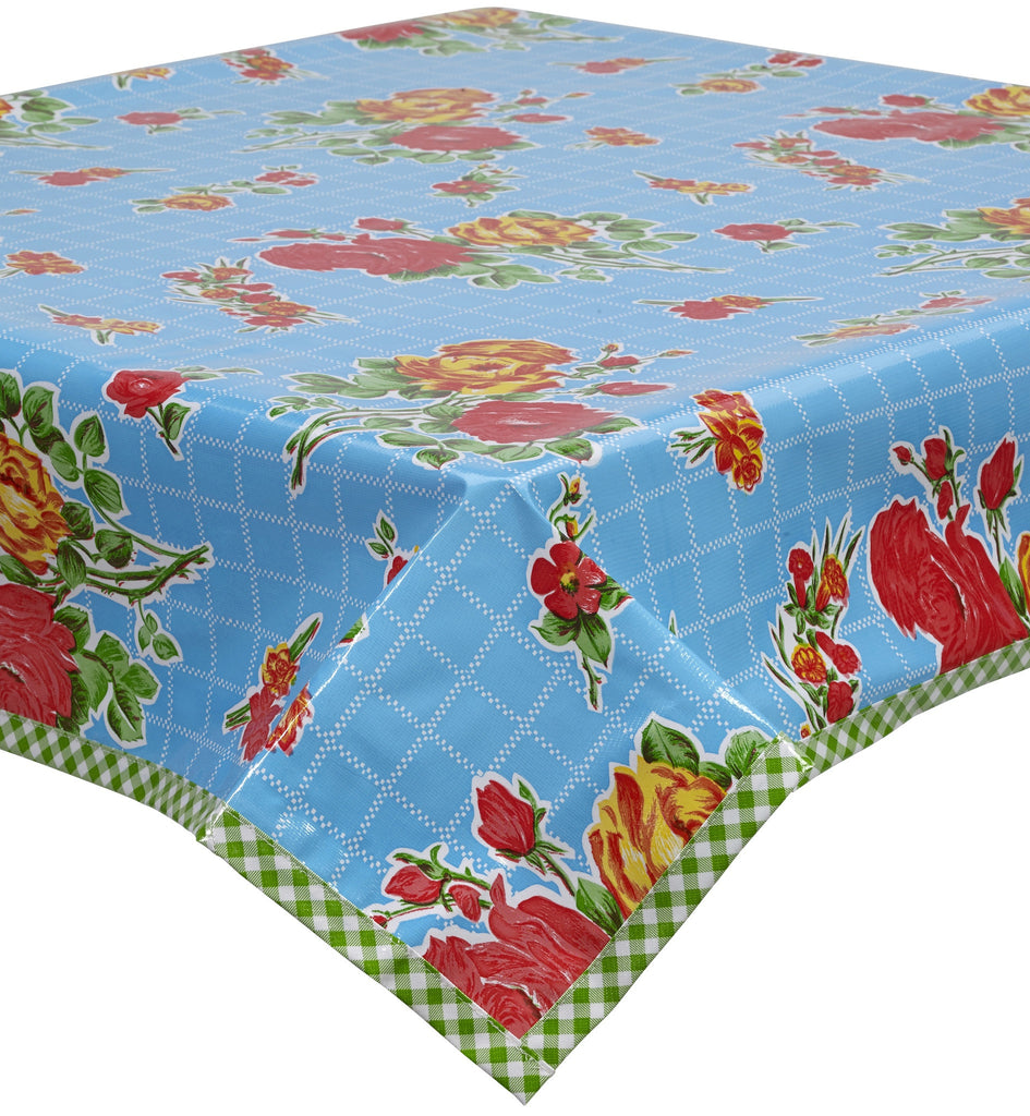 Rose and Grid Light Blue Oilcloth Tablecloth with Lime Gingham Trim