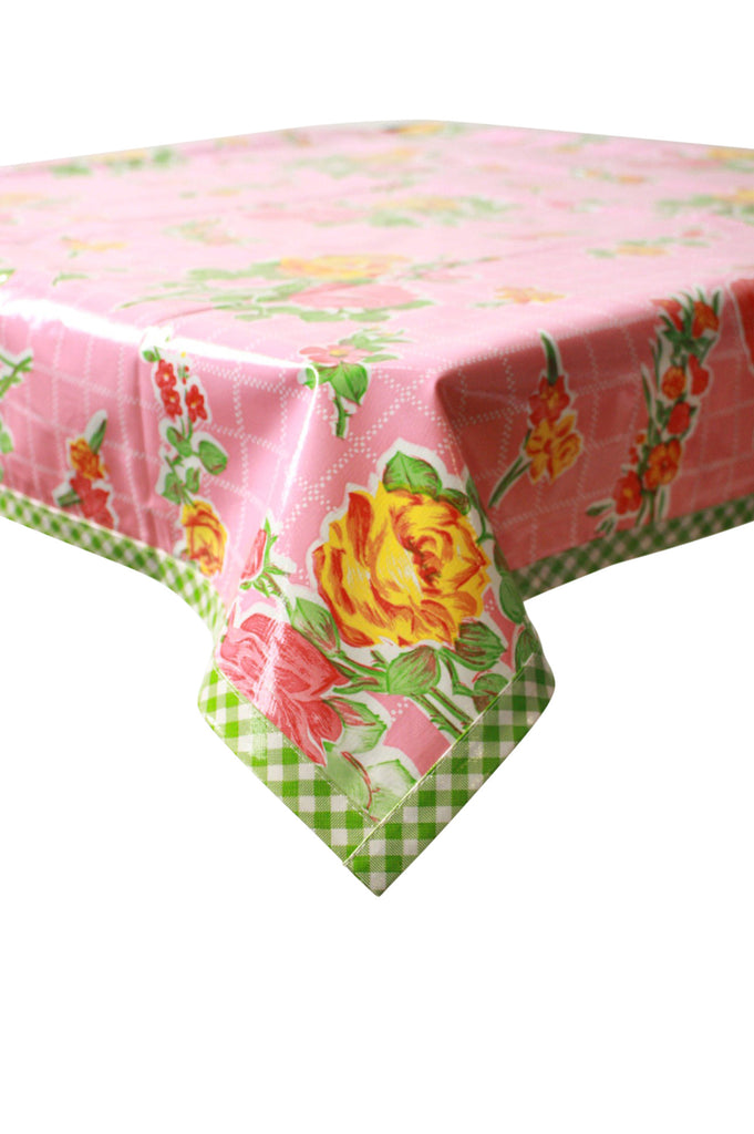 Rose and Grid Pink Oilcloth Tablecloth with Lime Gingham Trim