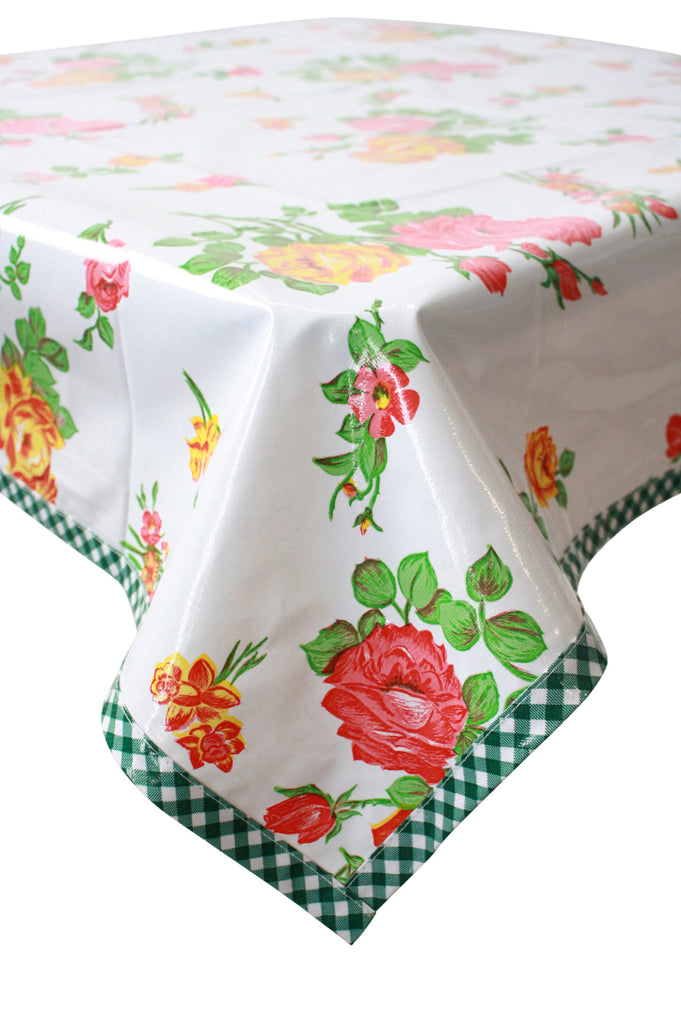 Rose and Grid White Oilcloth Tablecloth with Green Gingham Trim