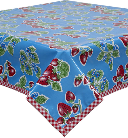 Freckled Sage Oilcloth Tablecloth Strawberry on Light Blue with red gingham trim