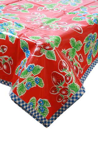 Strawberry Red Oilcloth Tablecloth with Navy Gingham Trim