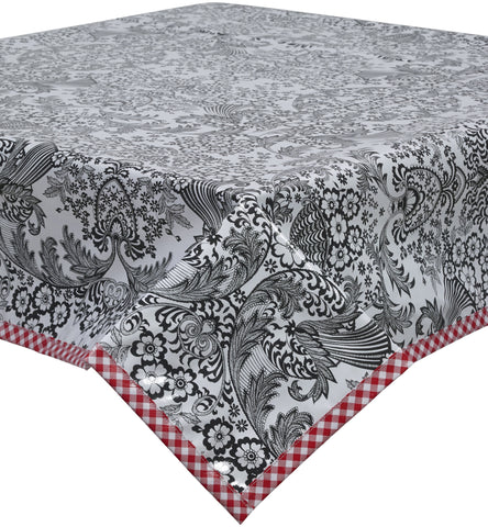 Freckled Sage Oilcloth Tablecloth Black Toile Red Trim