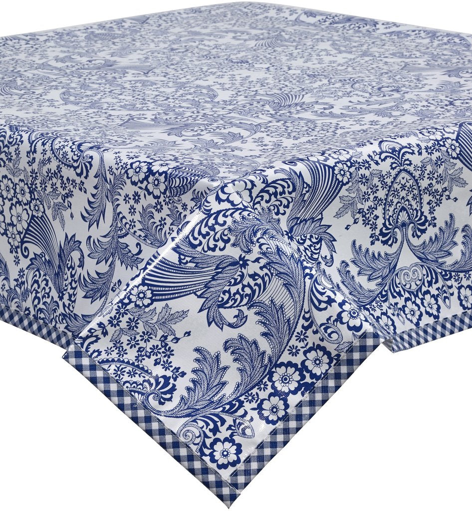 Freckled Sage Oilcloth Tablecloth Toile Blue on solid white with blue gingham  trim