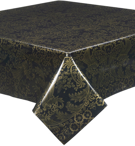 Freckled Sage Oilcloth Tablecloth Gold on Black Toile 