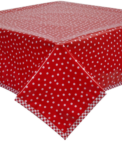 Freckled Sage Oilcloth Tablecloth White dots on solid red with red gingham trim