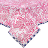 Toile Pink with Navy Gingham Trim Oilcloth Tablecloth