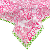 Freckled Sage Oilcloth Tablecloth Pink toile on white with lime gingham trim