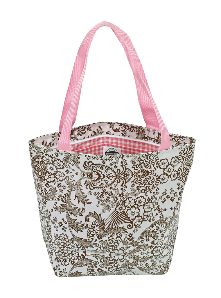 Freckled Sage Oilcloth Zip Tote Bag in Toile Brown