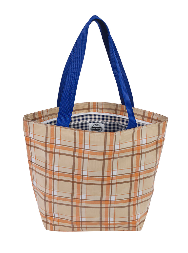 Freckled Sage Oilcloth Zip Tote Bag in Plaid Orange and Brown