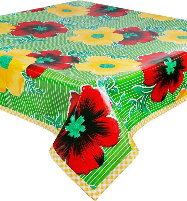 Freckled Sage Oilcloth Tablecloth red and yellow Big Tropical Flowers and Stripes on Lime with yellow gingham trim