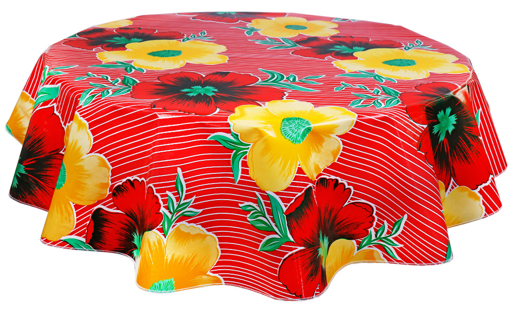 Freckled Sage Round Tablecloth Big Flowers & Stripes Red