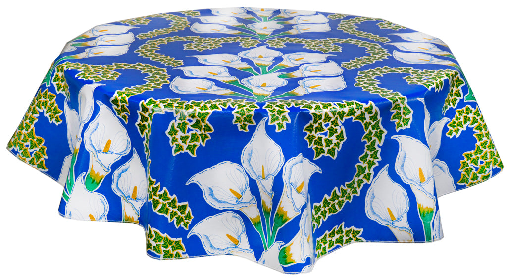 Freckled Sage Round Tablecloth Calla Lilies on Blue