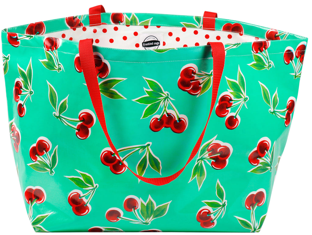 Freckled Sage Oilcloth Extra Large Tote Cherry Aqua